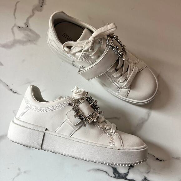 Stuart Weitzman White Shine Buckle Sneaker Size 6 - Picture 1 of 11